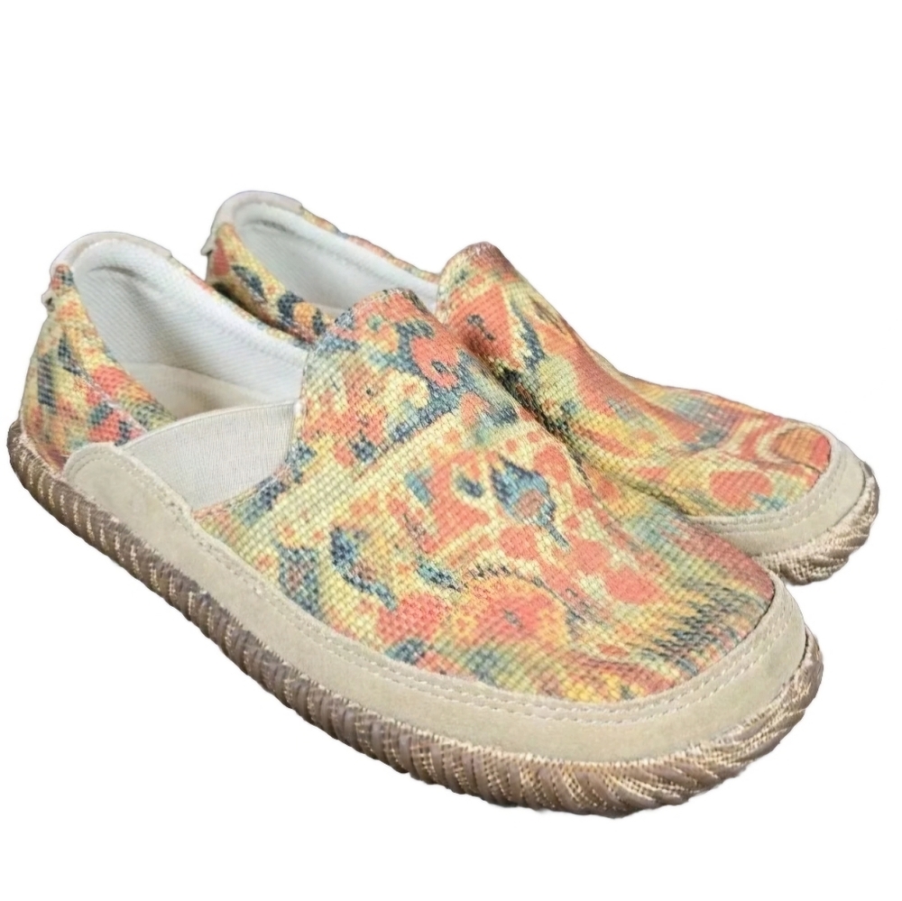 Acorn Boho Ramblin Moccasins Canvas Printed Art Orange Comfort Shoes Womans Sz 8